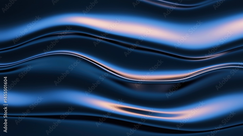 Poster smooth metallic waves with blue and orange reflections create an abstract, fluid surface.