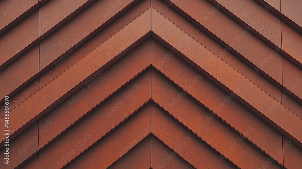Poster symmetrical rust-colored metal panels form a striking chevron pattern with sharp, geometric lines.