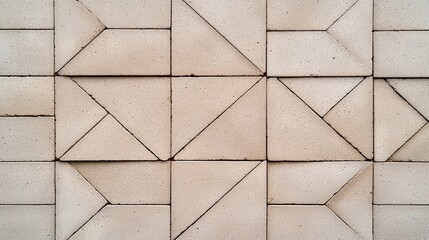 Beige concrete tiles arranged in a geometric, repeating pattern on a wall.
