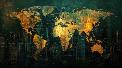 Obraz premium A world map featuring cybernetic megacities in 2100.
