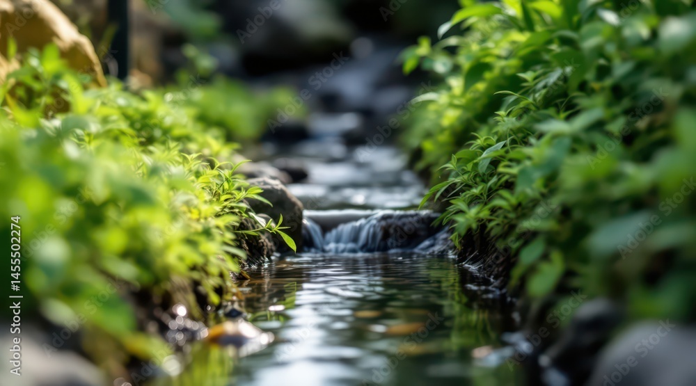 Poster a serene stream flows through lush greenery.