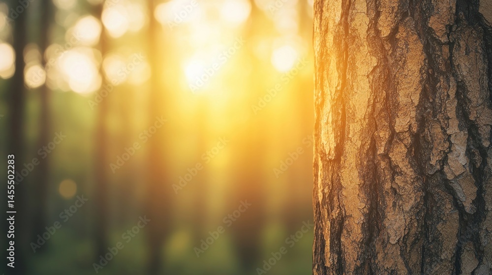 Poster sunlight streams through a tranquil forest, highlighting the texture of tree bark in the golden glow
