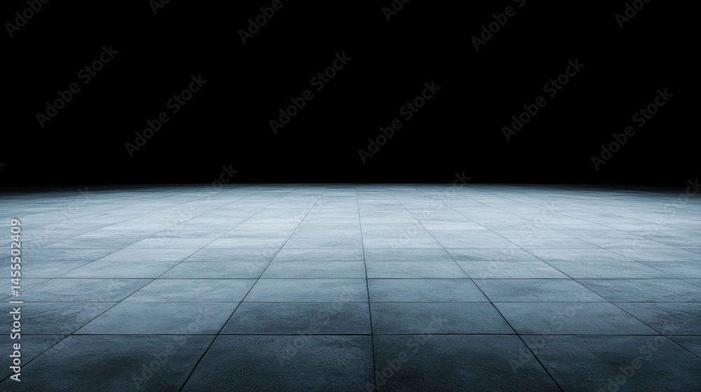 Poster a wide, empty tiled floor stretches into darkness, creating a minimalistic and modern abstract scene