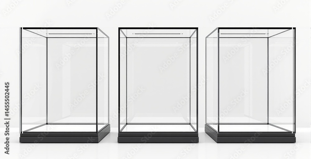 Poster transparent glass display cases with clean lines and minimalistic structure, placed against a white 