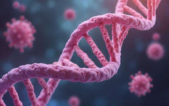 DNA strand and Cancer Cell Oncology Research Concept 3D rendering. High quality
