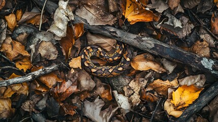 Naklejka premium Snake Camouflage: A snake expertly camouflaged among fallen leaves and branches in the forest. 