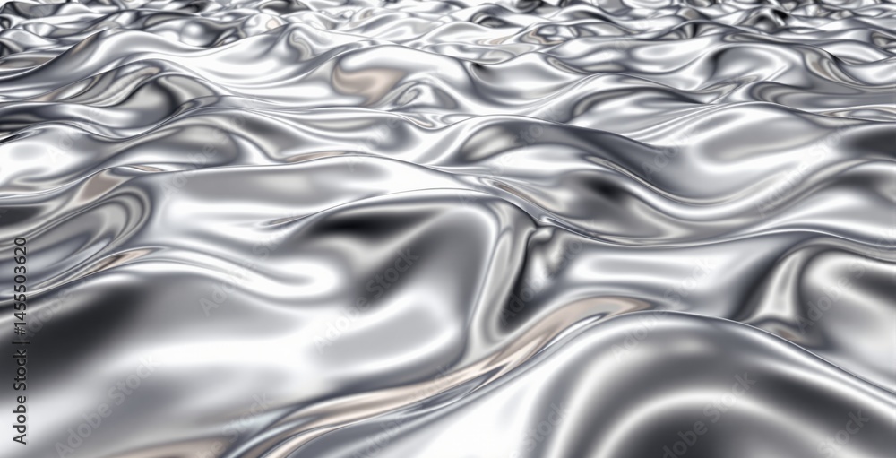 Poster abstract fluid metallic waves with smooth highlights and reflections, creative chrome-style backgrou