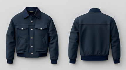 Front and back views of a lightweight steel blue coach jacket, snap button closure, plain clean back, matte nylon shell texture, placed flat on neutral gray background, wide lifestyle mockup