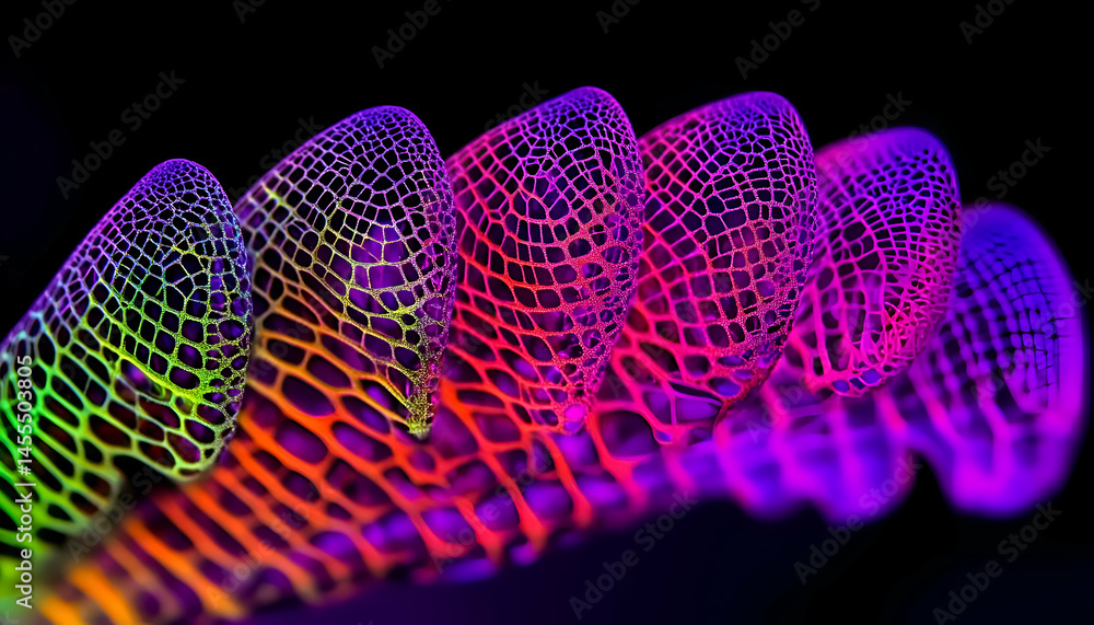 Poster abstract vibrant fractal artwork featuring a mesmerizing lattice structure in a spectrum of neon col