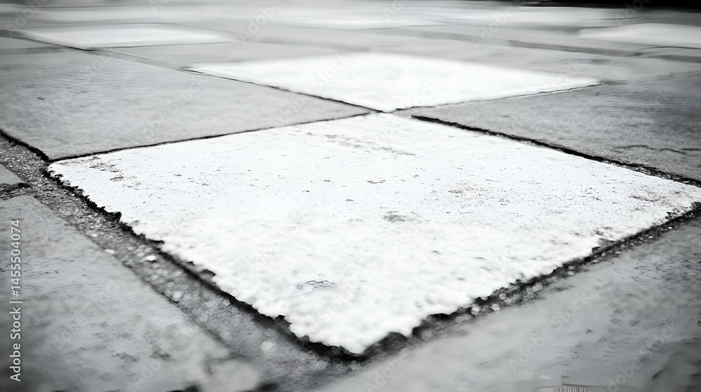 Poster abstract monochrome close-up of a pavement's textured surface, showing contrasting grey and white sq