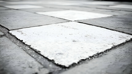 Abstract monochrome close-up of a pavement's textured surface, showing contrasting grey and white squares, highlighting intricate details and patterns.