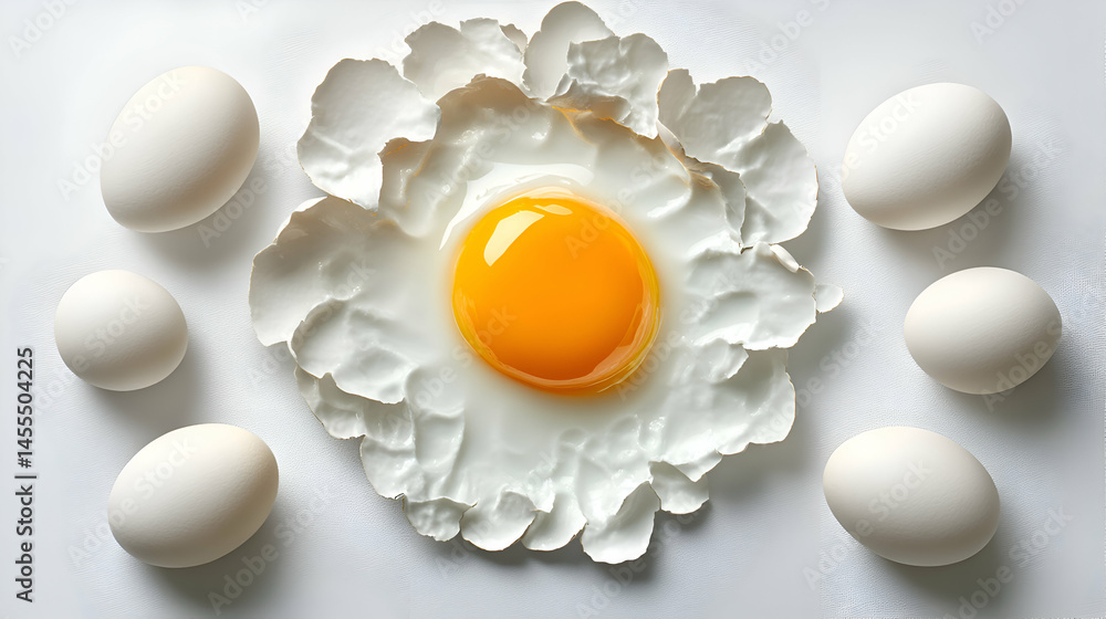Poster A single fried egg yolk surrounded by artfully arranged eggshells, creating a visually striking and unique composition.  Five whole eggs encircle the central piece.