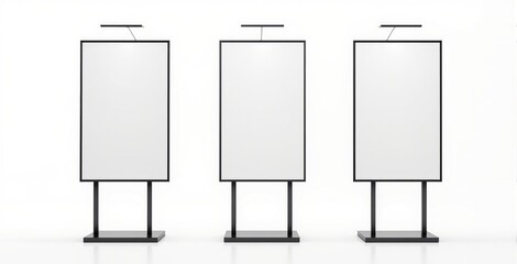 Three blank upright display boards with modern frame and top lights, standing on white background. Concept of creative advertising. Ai generative