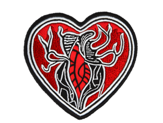 Red Heart Patch Illustration With Black Outline and White Details on Transparent Background