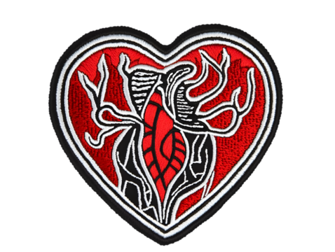 Red Heart Patch Illustration With Black Outline and White Details on Transparent Background