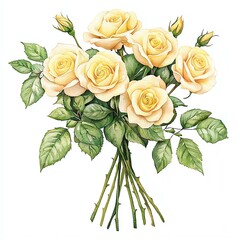 Fototapeta premium Elegant watercolor painting of a bouquet of pale yellow roses, showcasing delicate petals and lush green leaves against a white backdrop.