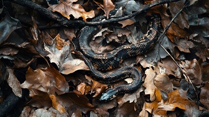 Naklejka premium Snake Camouflage: A snake expertly camouflaged among fallen leaves and branches in the forest. 