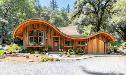 Unique curved wood cabin nestled in a lush forest setting. Perfect for architectural, real estate, or nature publications.