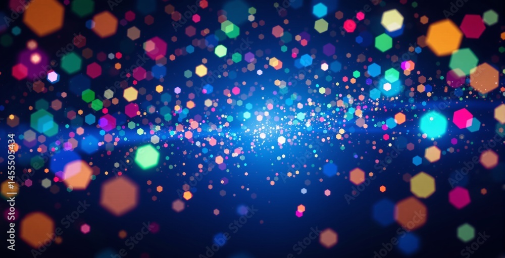Poster multicolored hexagonal bokeh lights in abstract style on a deep blue gradient background. concept of