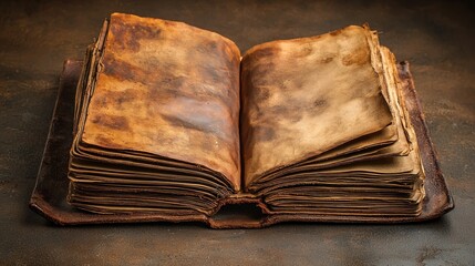 Aged leather-bound book, open pages