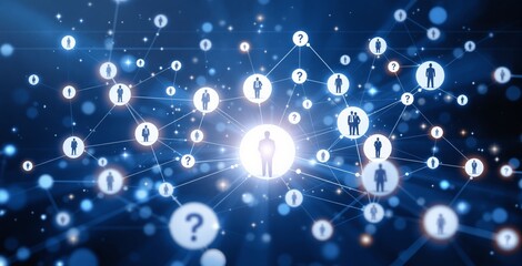 Digital human silhouettes linked in a creative network with glowing nodes on a blue background, symbolizing connection, identity, and social discovery. Ai generative