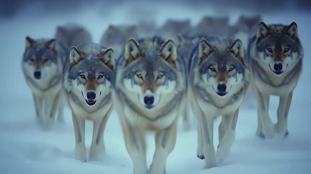 Wolf pack strides through winter snow