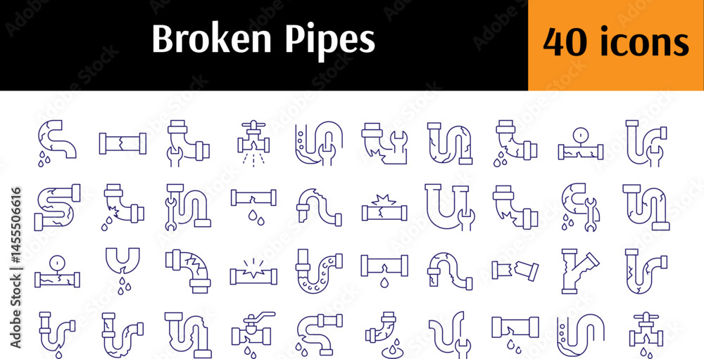 Poster broken pipes outline simple linear image collection. editable stroke. perfect for web sites, books, 