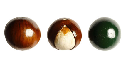 Obraz premium Three Isolated Spheres with Wooden Brown, Green Glossy Finishes on Black Background Photo