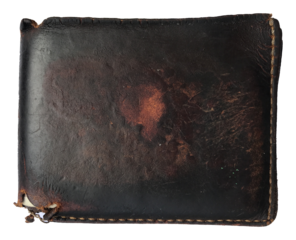 Old aged vintage brown leather wallet transparent background