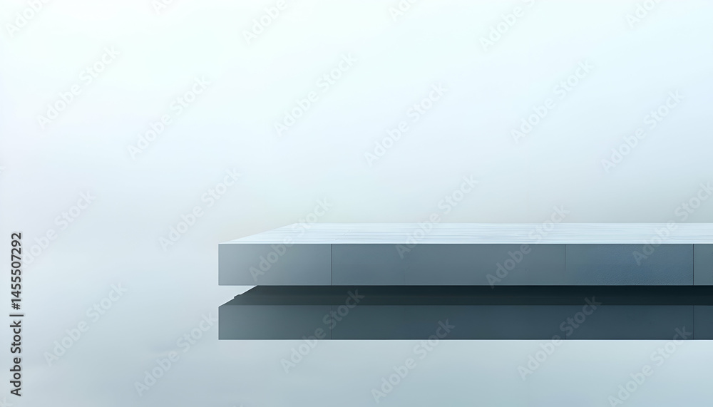 Poster minimalist grey platform reflected in still water against a muted background. ideal for product disp