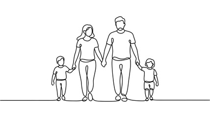 A family holding hands, walking together in a Continuous One Line Drawing