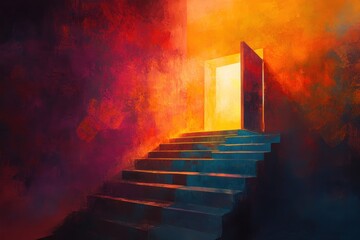abstract symbolic journey through stairs and doors, one door open, light pouring out