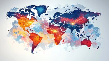 Global interconnectedness.  A world map highlighting global connections.  Colorful stylized representation of continents and international trade routes