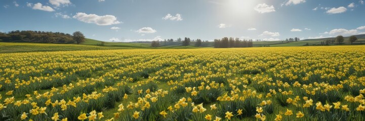 Fototapeta premium A vibrant carpet of daffodils blankets a lush green field, bathed in sunlight against a clear blue sky , bright yellow, landscape, happy