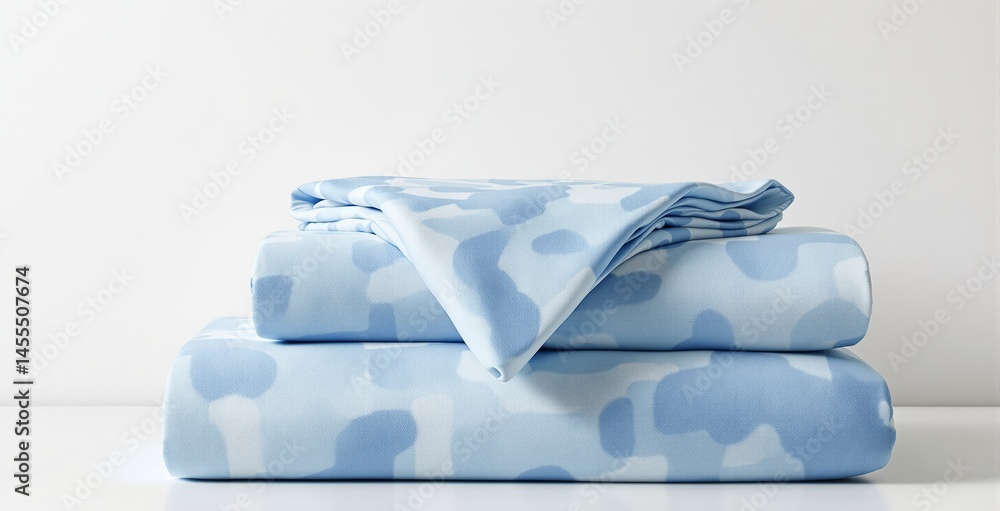Poster soft blue camouflage-style patterned bed sheets folded neatly and stacked on a smooth white surface 