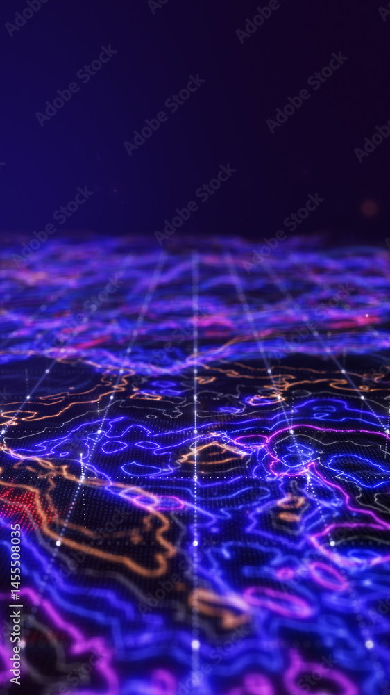 Poster abstract digital data landscape with glowing particles and dynamic lines on a dark background,