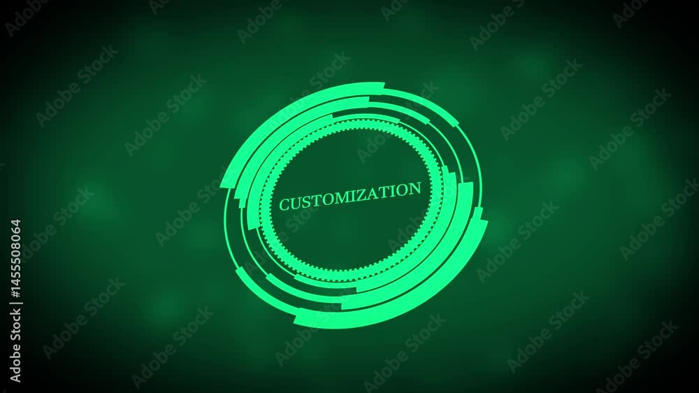 Poster futuristic visualization of customization with glowing geometric shapes on a green background