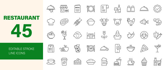 Restaurant icon set. Containing menu, food, drink, wine, cooking, eating, coffee, salad, breakfast, dinner, pizza, cocktail, vegetarian meal and more. Editable line icons. Vector illustration.