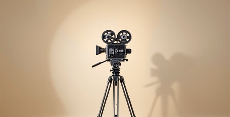 Retro movie camera on tripod, creative style, beige background with spotlight and shadow, concept of cinematography and filmmaking. Ai generative
