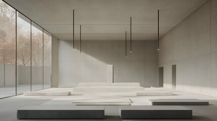 Minimalist modern architecture interior design.  Sunlit concrete room with sleek lighting and stone seating.  Perfect for design, architecture, and lifestyle concepts.