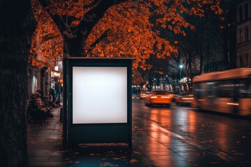 Empty bus stop sign at night, autumn leaves, busy street