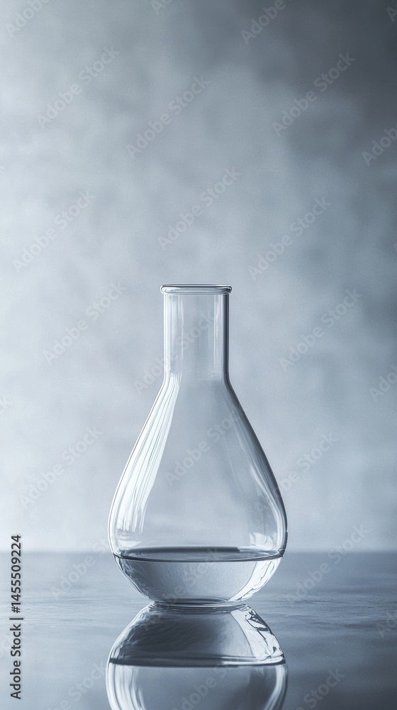 Poster a transparent glass flask filled with water on a smooth surface with a gradient background.