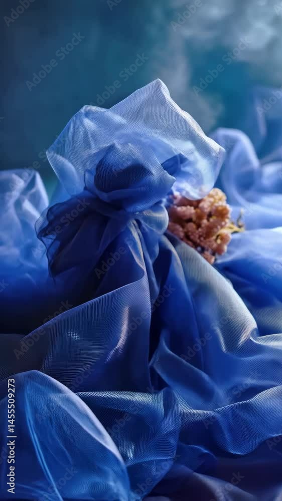 Poster blue sheer fabric draped with a dried flower bundle, creating a soft and textured composition, conve