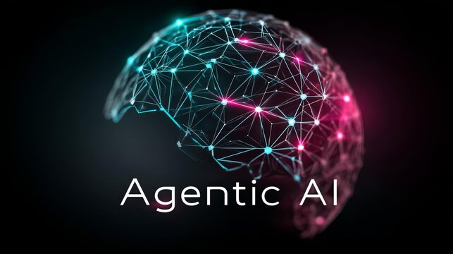 digital 3D network of AI agents glowing nodes and connecting lines forming a sphere, dark background, neon cyan and magenta Agentic AI