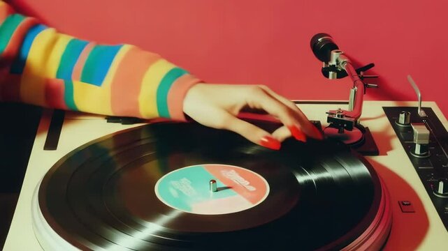 someone's hands playing vinyl on an old record player.