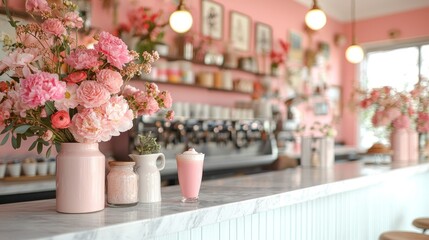 Pink cafe interior with floral decor