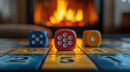 Dice on a game board near a fireplace