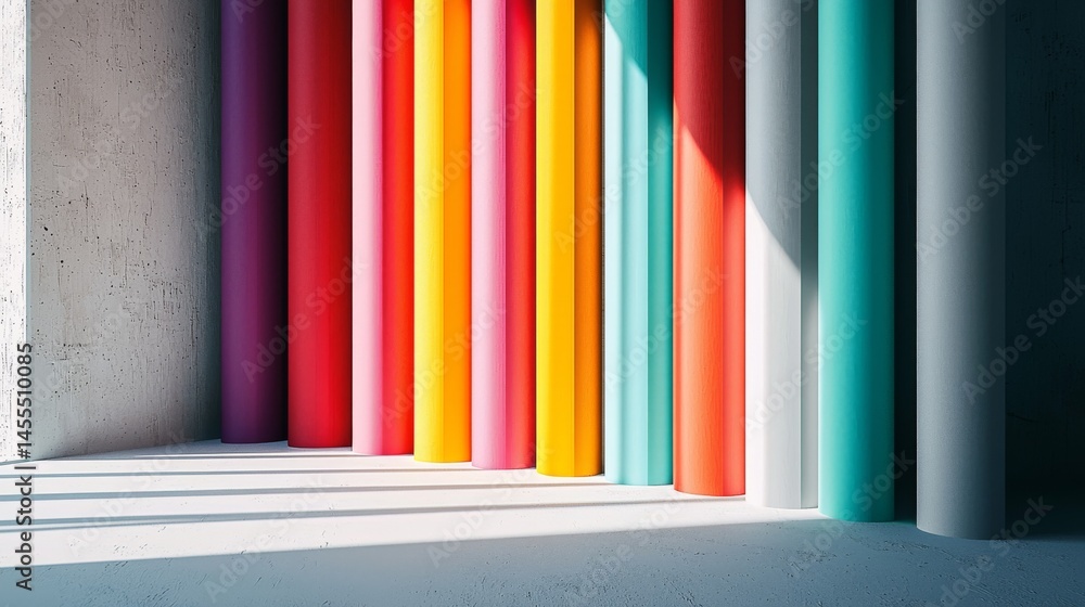 Poster colorful vertical columns casting shadows in a modern architectural space.
