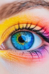 Close-up of a Human Eye with Vibrant Rainbow Colored Makeup and Reflections in the Iris