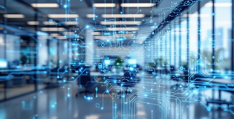 Digital circuit interface overlay on office interior background, creative light blue tech style, futuristic concept of communication and innovation, Ai generative